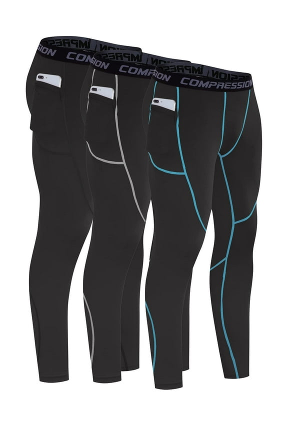 Mens Compression Pants 3 Pack Workout Running Tights Ski Base Layer