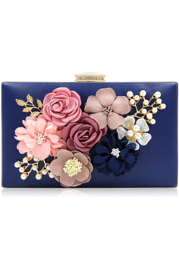 Clutch Purse For Ladies Women Floral Evening Clutch Bag With Shoulder Chain (Blue)