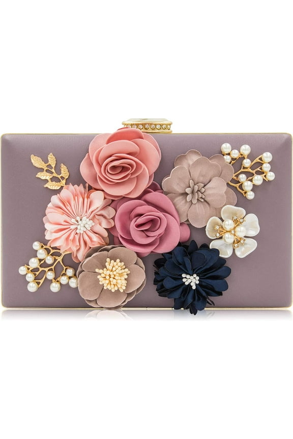 Clutch Purse For Ladies Women Floral Evening Clutch Bag With Shoulder Chain (Violet)