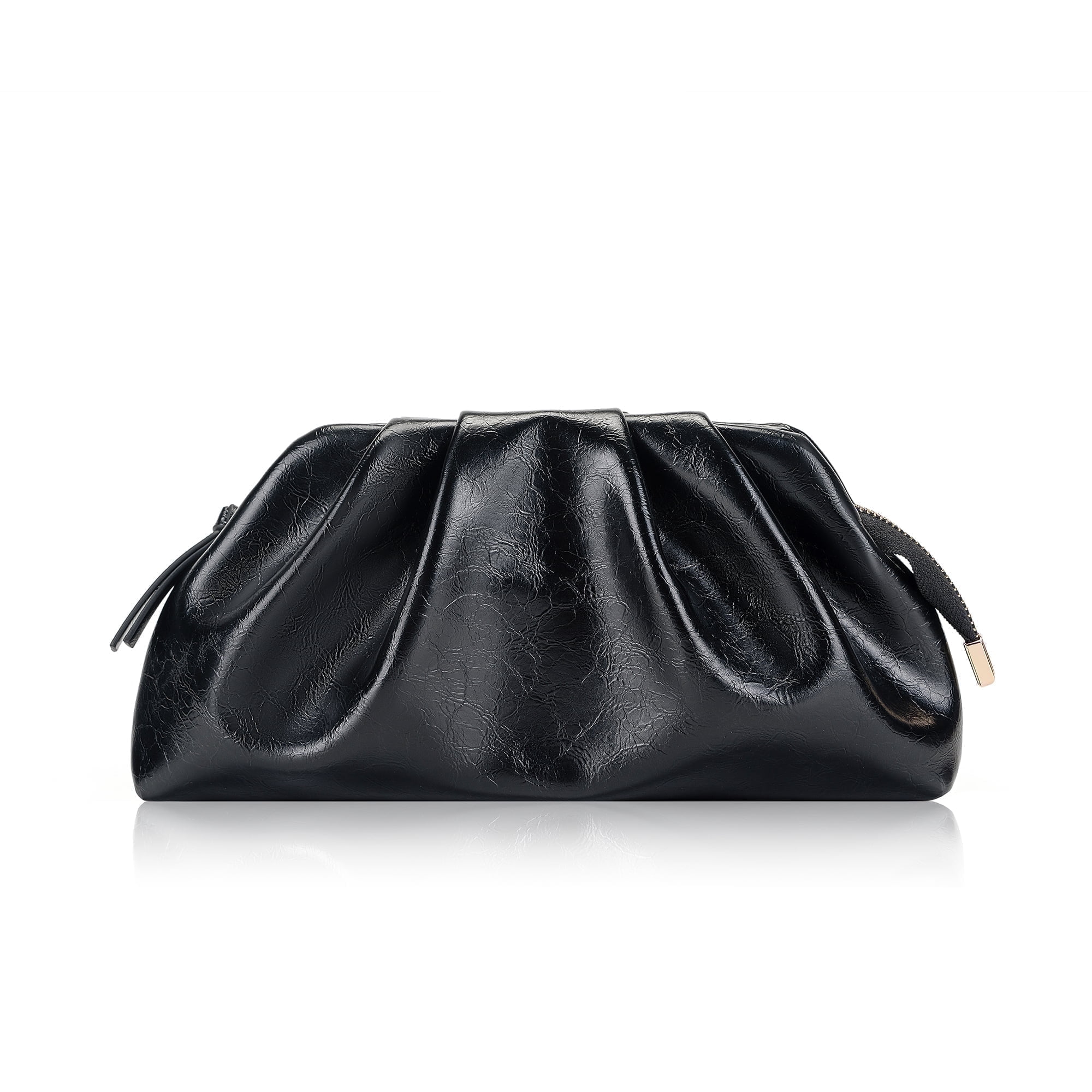 Milisente Womens Pleated Cloud Clutch Bag Shiny PU Leather Evening Purse Detachable Shoulder Strap For Wedding Prom Party(Black)