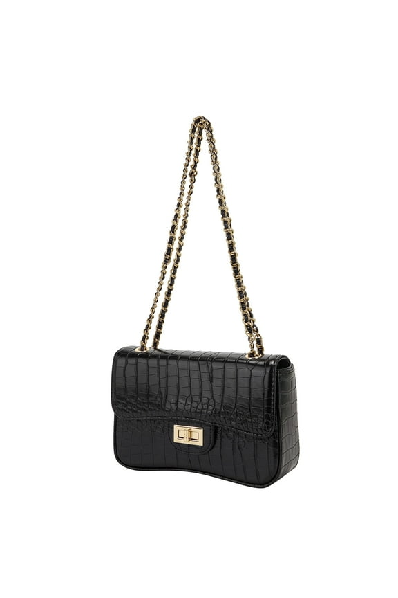 Women's Shoulder Bag Faux Leather Clutch Purse With Metal Chain (Black)