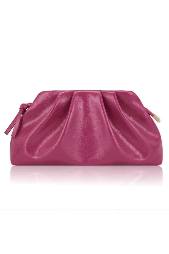 Womens Pleated Cloud Clutch Bag Shiny PU Leather Evening Purse Detachable Shoulder Strap For Wedding Prom Party(Hot Pink)