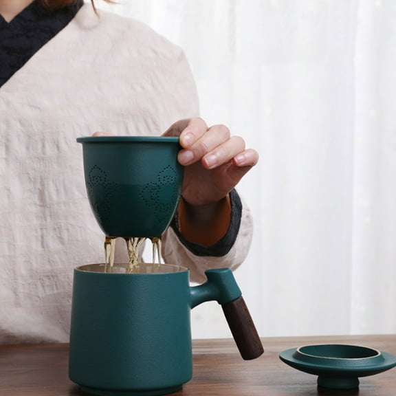 Milisten Ceramic Tea Mug Set Green Wooden Handle Infuser Easy Cleaning