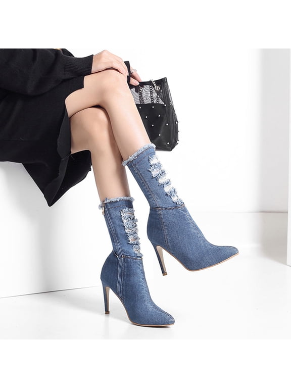 Stylish Blue Denim Boots, High Heels, Comfortable and Durable