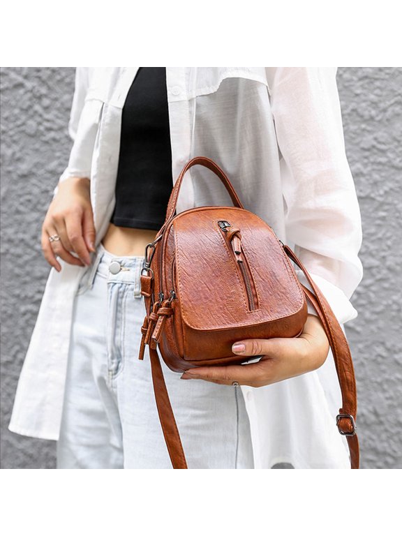 Brown PU Shoulder Bag Vintage Style Backpack for Phone, Cards, Sunglasses and Everyday Use