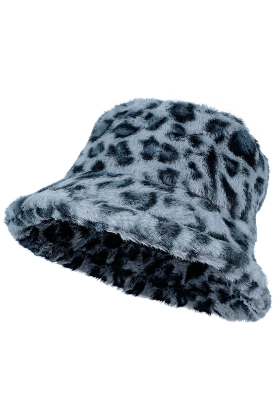 Grey Leopard Print Bucket Hat Plush Warm Fisherman Cap Winter Cold Weather Outdoor Fashion Accessory