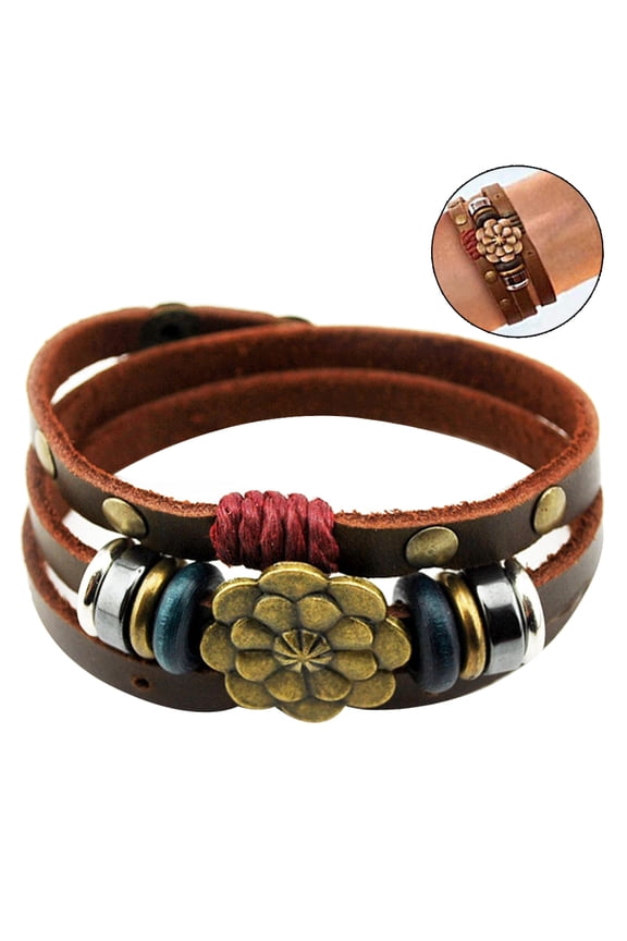 1Set Boho Jewelry Bracelet in Brown with Snap Button Wrap Design for Unisex