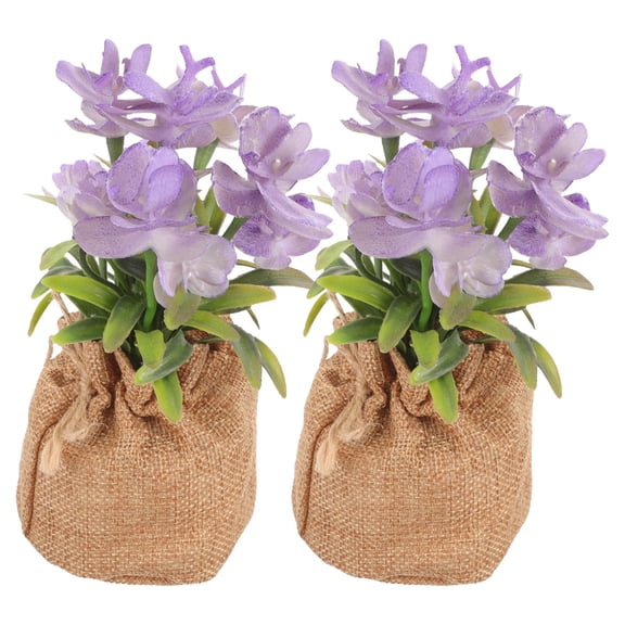 2pcs Artificial Lavender Plants in Small Plastic Pots, Silk Floral Decor, Burlap Sack Wrapped, and Garden
