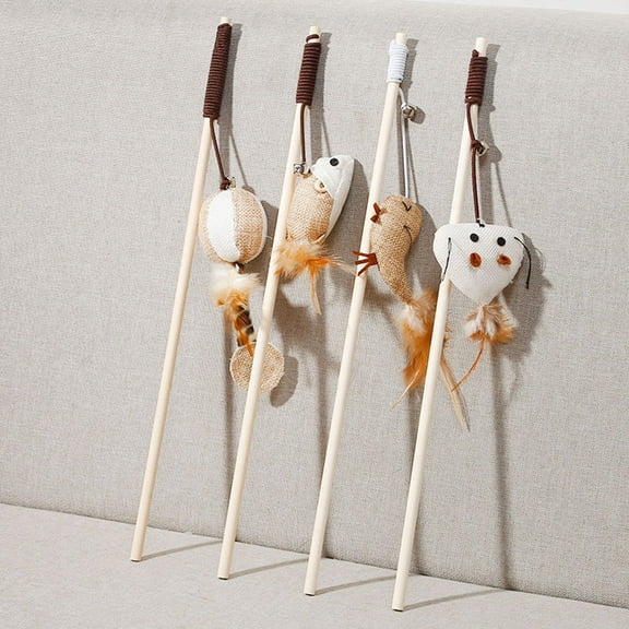 Milisten 4 Pcs Wooden Handle Cat Teaser Cat Flirting Stick Toys Pet Supplies Feather Plush Pendant Cat Teasing Toy with Ring Bell for Home Interactive Playing (Mixed Styles)