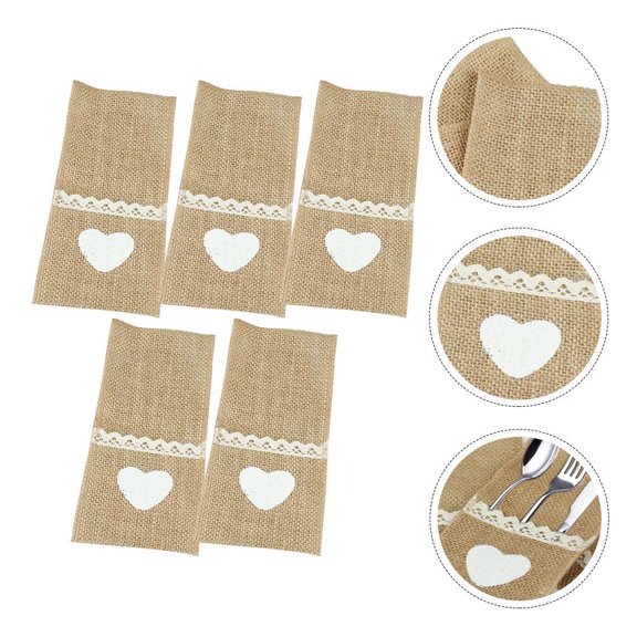 Milisten 5Pcs Delicate Linen Lace Cutlery Bag Beige Fork Pocket for Dinner Table Decor
