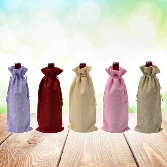 Milisten 5Pcs Assorted Color Burlap Wine Bottle Bags Reusable Drawstring Bottle Wraps