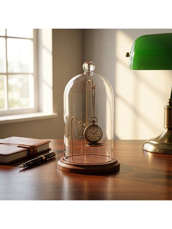 Glass Dome Display Case with Hanging Metal Hook for Pocket Watch Collector