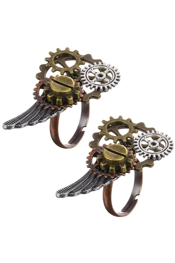 2Pcs Clock Finger Rings Vintage Style Alloy Rings Unique Wing and Gear Decoration