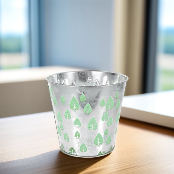 Milisten Light Green Metal Container Large Round Flower Vase with Carved Maple Leaf Pattern for Planting