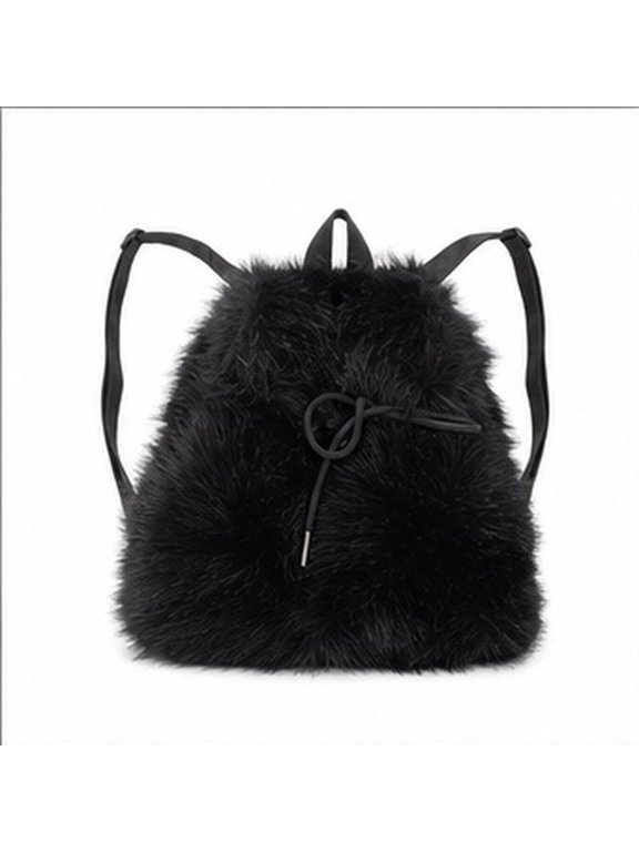 Fluffy Drawstring Backpack Black Soft Texture for Casual Wear