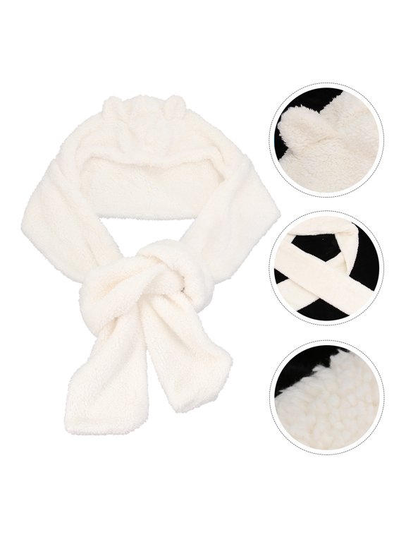 White Plush Faux Lambswool Bear Ear Thickened Winter Scarf