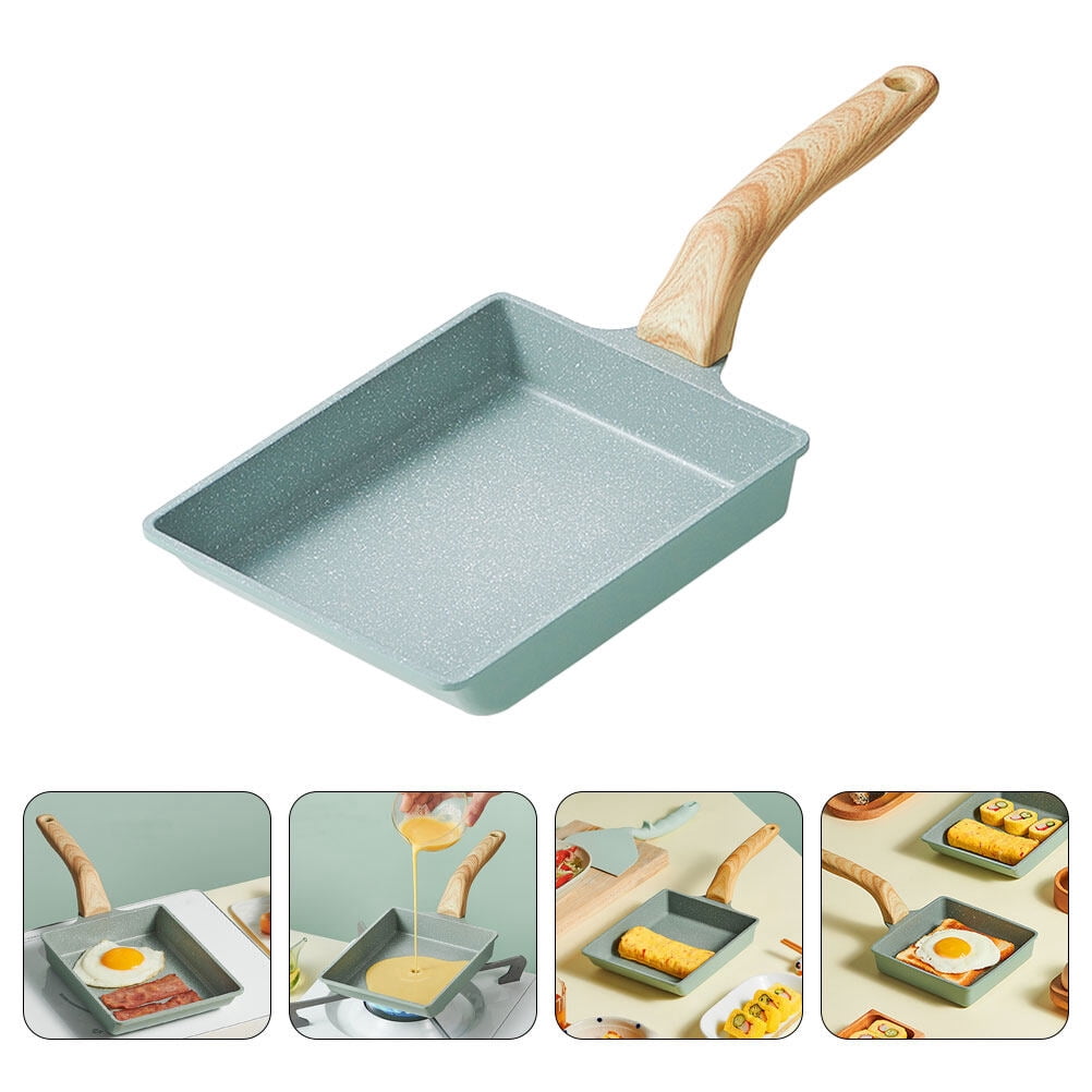 Outdoor Rectangular Frying Pan Milisten Nonstick Green Egg Frying Pan with Wooden Handle for Even ...