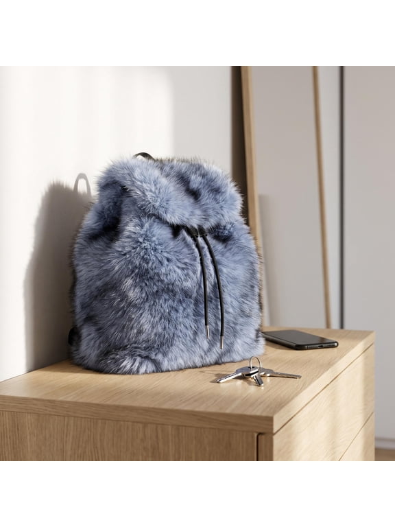 Cute Fluffy Backpack with Flap Cover Soft Blue for Casual Wear