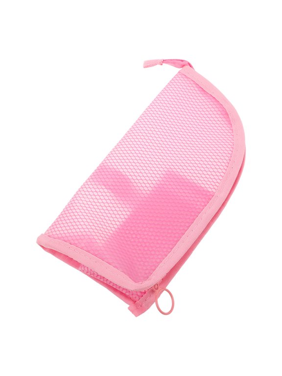Mesh Travel Toothbrush Storage Bag Pink with Makeup Brush Pouch Feature