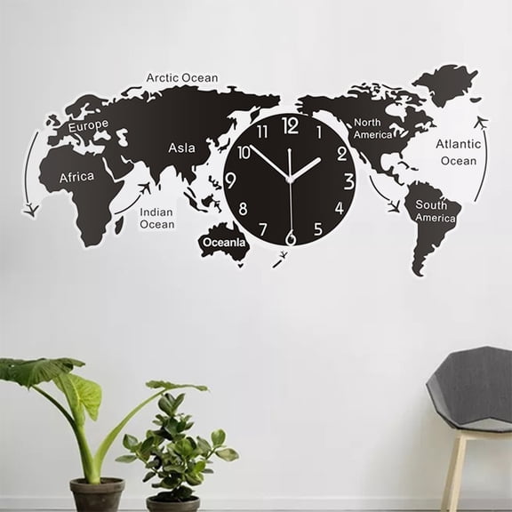 Milisten Unique Acrylic World Map Wall Clock Creative Black Decor for Home Office Living Room Size M Without