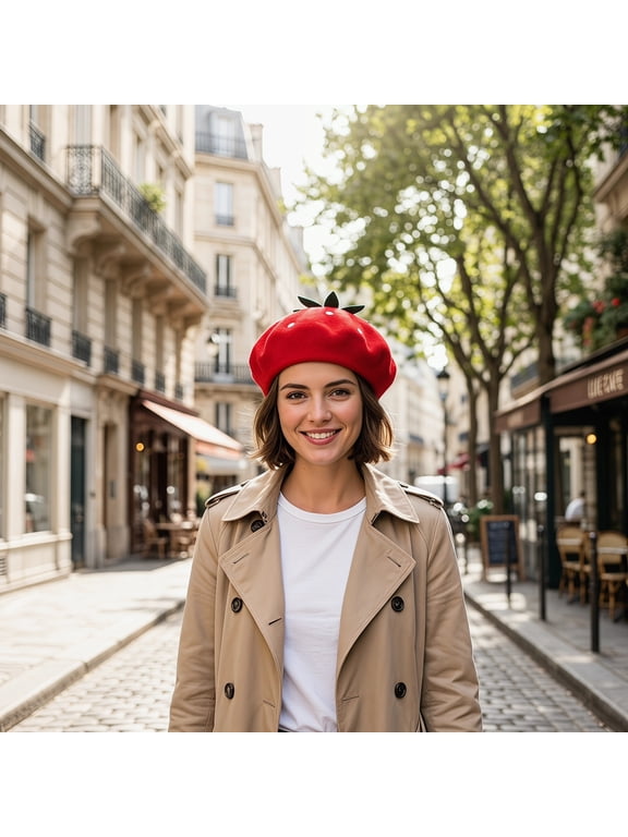 Red Wool Blend Strawberry Beret Hat, Stylish Plush Party Headwear for Travel, Costume, and Everyday Wear