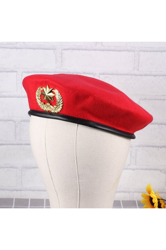 Red Wool Beret Hat with Adjustable Drawstring and Vintage Metal for Women and Men