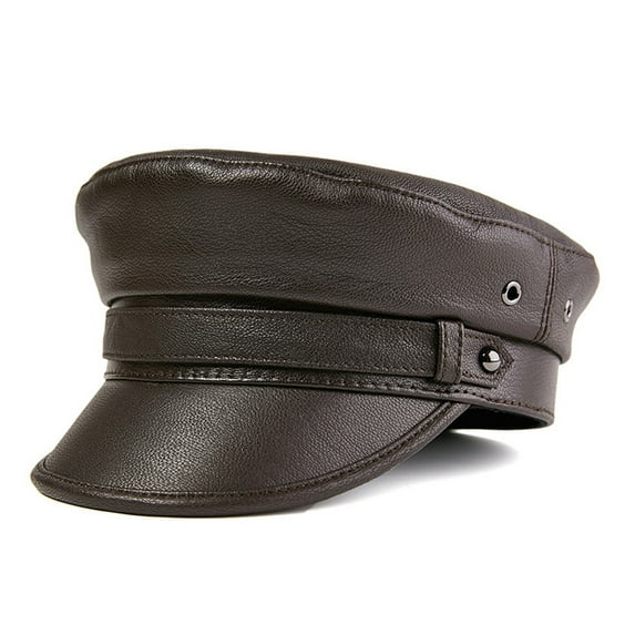 Milit-ary Hat Men Women Real Leather Sailor Cap White Black Brown Autumn Winter Male Genuine Leather Mil-itary Cap ,Comfortable Lined