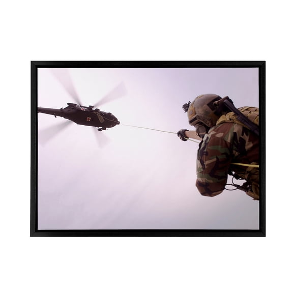 Military Afghan Army UH 60 Hawk Helicopter Black Framed Canvas Art Print 24X32"
