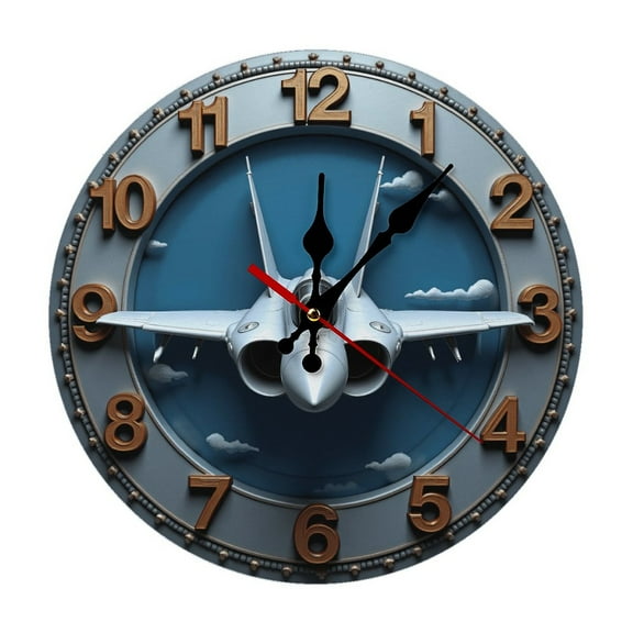 Military Airplane Wall Clock 10 Inch Silent Non Ticking Round Wooden Clock Decoration for Living Room Kitchen Bedroom Bathroom Office Classroom