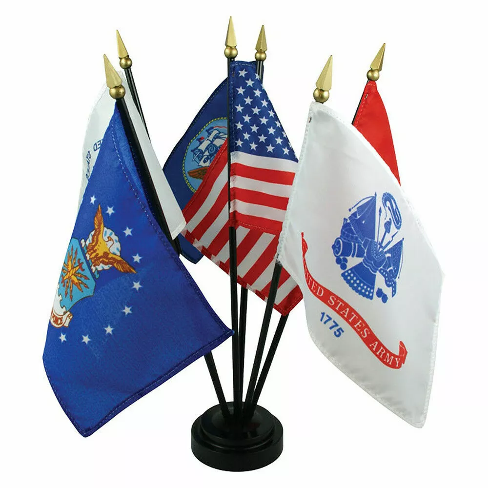 Military Armed Forces 5 Branch Service Miniature Flag Desk Set Table Black Base