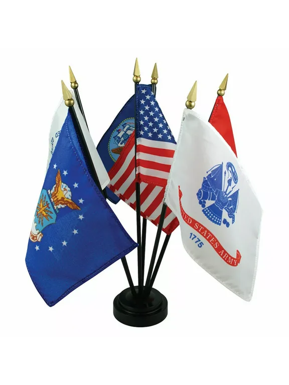 Military Armed Forces 5 Branch Service Miniature Flag Desk Set Table Black Base