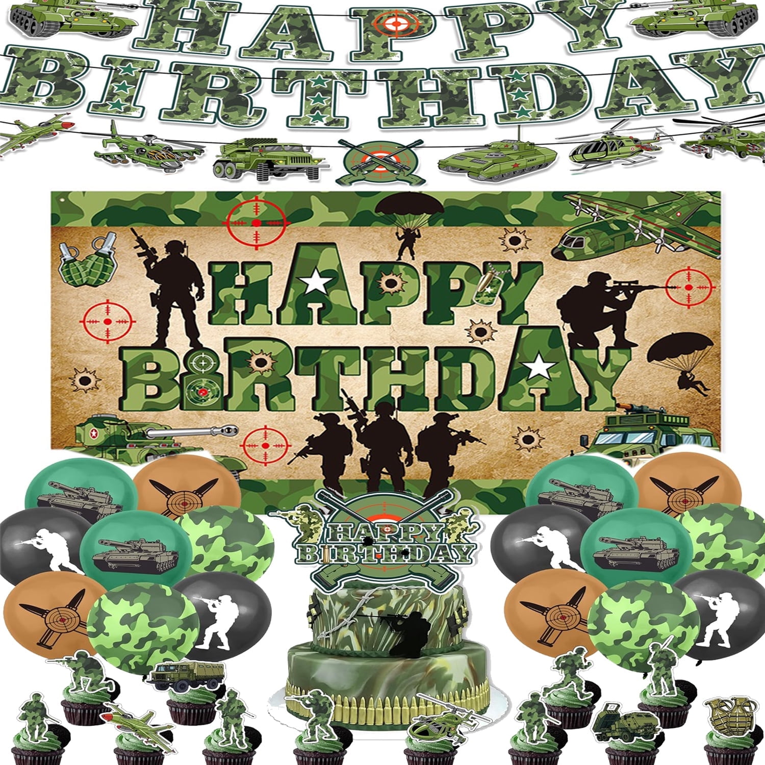 Military Army Camouflage Party Decorations Set- Includes Backdrop Birthday Banner Cake Topper Cupcake Toppers Balloons for Baby Shower Kids Teens Military Soldier Veteran Theme Party Decor