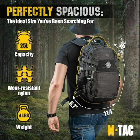 Military Backpack for Men and Women - Large 25L Hiking MOLLE Backpack for Travel and Survival - Black Rucksack