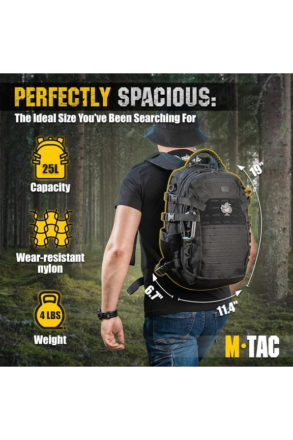 Military Backpack for Men and Women - Large 25L Hiking MOLLE Backpack for Travel and Survival - Black Rucksack