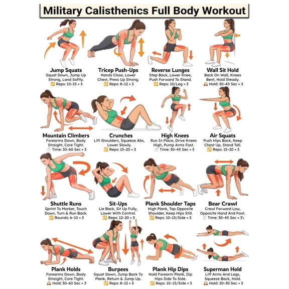 Military Calisthenics Workout Plan poster Full Body Bodyweight Training Chart Poster Bootcamp Style No Equipment Home Fitness Workout poster