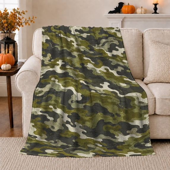 Military Camouflage Green Autumn Forest, Peaceful Mountain Lake Scene, Warm Flannel Blanket for Cabin and Lodge, Outdoor Lovers person's Day Gift, Artistic Home Decor
