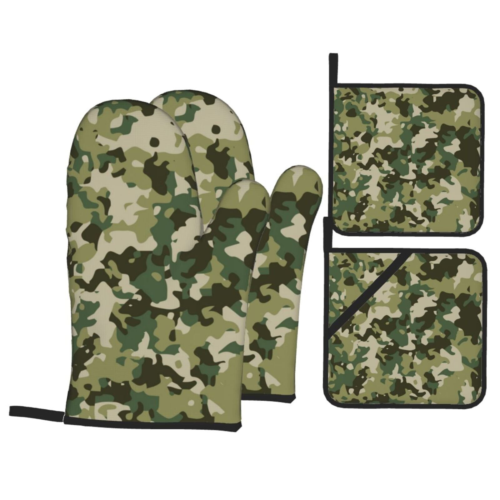 Military Camouflage Green Camo 4Pcs Oven Mitts and Pot Holders Sets Oven Kitchen Gloves Hot Pads for Cooking BBQ Baking Grilling