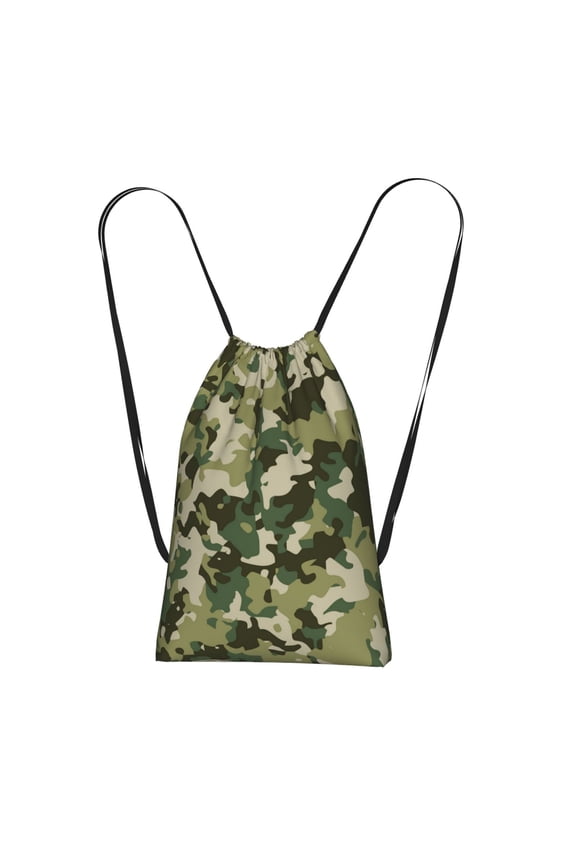 Military Camouflage Green Camo Packable Drawstring Backpack, Lightweight Foldable Cinch Storage Bag for Gym Travel Shopping