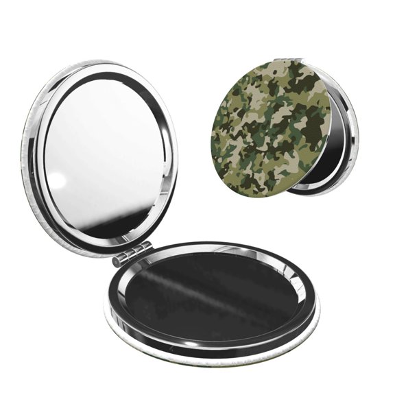 Military Camouflage Green Camo Portable Double-Sided Face Mirror Round Shape, Magnifying Compact Pocket Mirror with PU Leather Cover