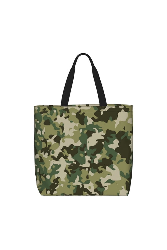 Military Camouflage Green Camo Zippered Tote Bag Large Capacity Shoulder Handbag for Shopping, Work, Travel