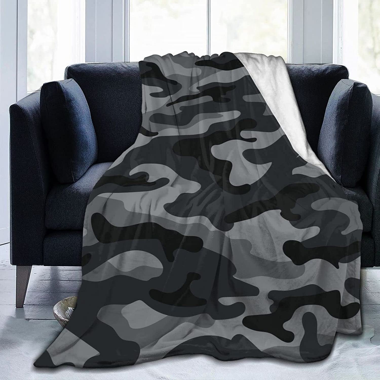 Military Camouflage Pattern Throw Blanket Ultra Soft Warm All Season Black and Grey Camo Decorative Fleece Blankets for Bed Chair Car Sofa Couch Bedroom 80"X60"