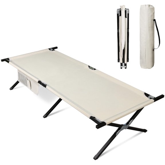 Military Camping Cot, Portable Folding Cots for Sleeping with Carry Bag, Outdoor Camping Bed for Adults with Side Pocket, Support 300 Lbs, Silver Greige