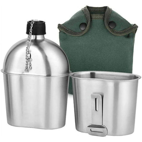 Military Canteen Kit 2pcs 1000ml 600ml Stainless Steel Military Canteen Cup Set with Cover Bag for Outdoor Camping Hiking Backpacking