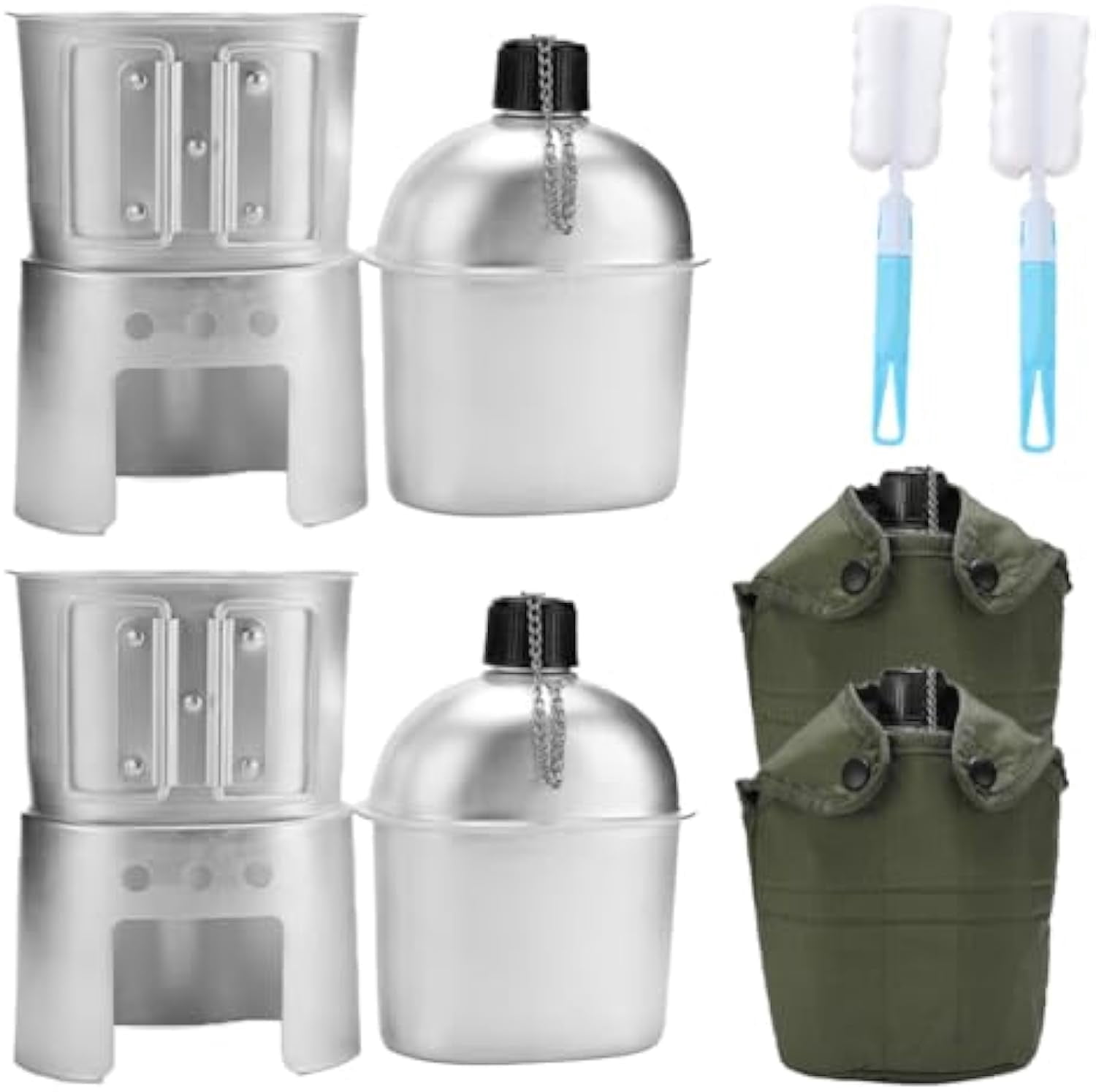 Military Canteen Set of 4, Canteen Cup Stove Pouch Kit, Aluminum Water Bottle with Mess Kit, Portable Survival Gear for Camping Hiking Hunting Backpacking Outdoor Use(2Set)