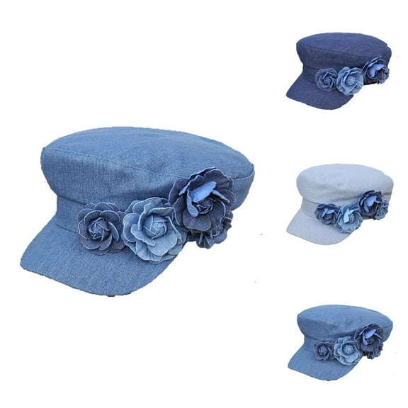 Military Cap Bucket Hat And Beret, Red Beret, Straw Fedora, for Winter Beret Women's Summer Denim Flat Top Hat With Three Contrasting Color Flowers Fashionable And Face Enhancing Small Beret