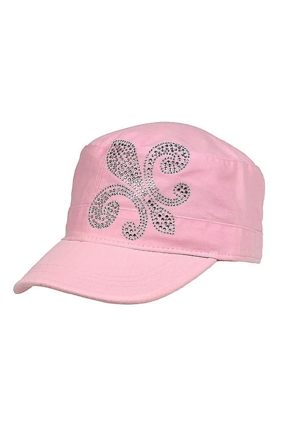 Military Cap w/ Jeweled Rhinestones Fleur de Lis Sign - Pink - HT-C7018A-PK
