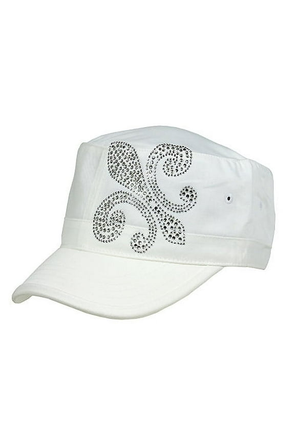 Military Cap w/ Jeweled Rhinestones Fleur de Lis Sign - White - HT-C7018A-WT