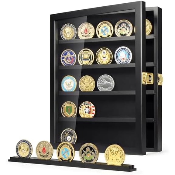Military Challenge Coin Display Case, Coin Display Holder Wall Mount with Removable Shelves, Shadow Box for Medals Pin Badges Buttons$$
