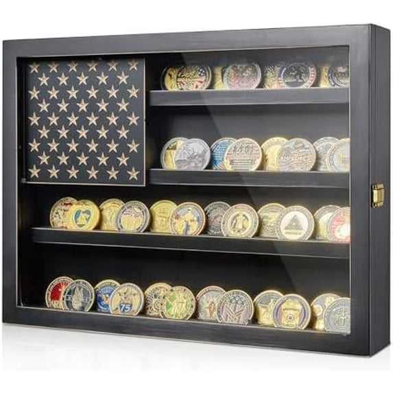 Military Challenge Coin Display Case with HD Toughened Glass Door Challenge Coin Display Holder Solide Wood Wall Mount Coin Display Shadow Box Removable 2 Grooves Shelves ,Mahogany Finish