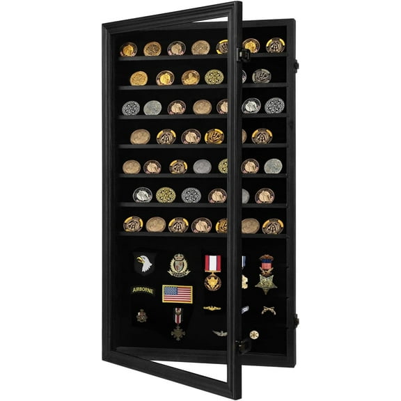 Military Challenge Coin Display Case Lockable Cabinet Rack Holder Shadow Box with Removable 2 Grooves Shelves and Anti Dust Door for Casino Poker Chips Collectibles, Large - Black